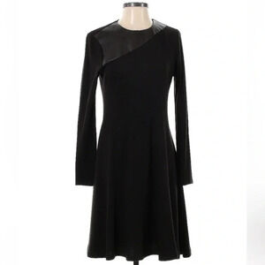 WORTH New York | Black Wool Faux Leather Accent Long Sleeve A-Line Dress Size 4
